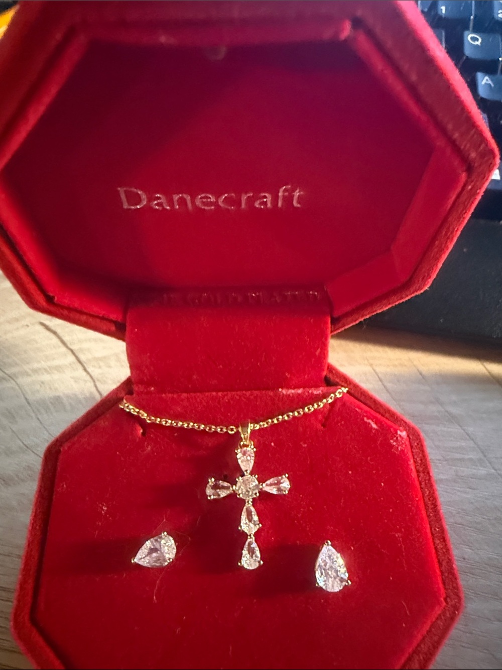 Danecraft Gold Cross Pendant Necklace with Clear Stone Accents